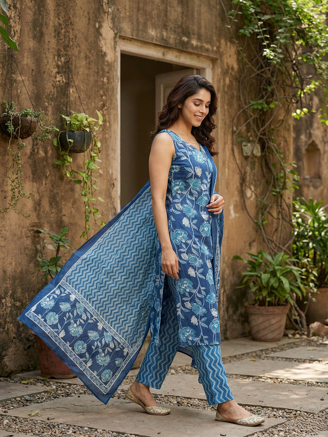 Jaitpuriya Blue Pure Cotton Straight Regular Kurta Set
