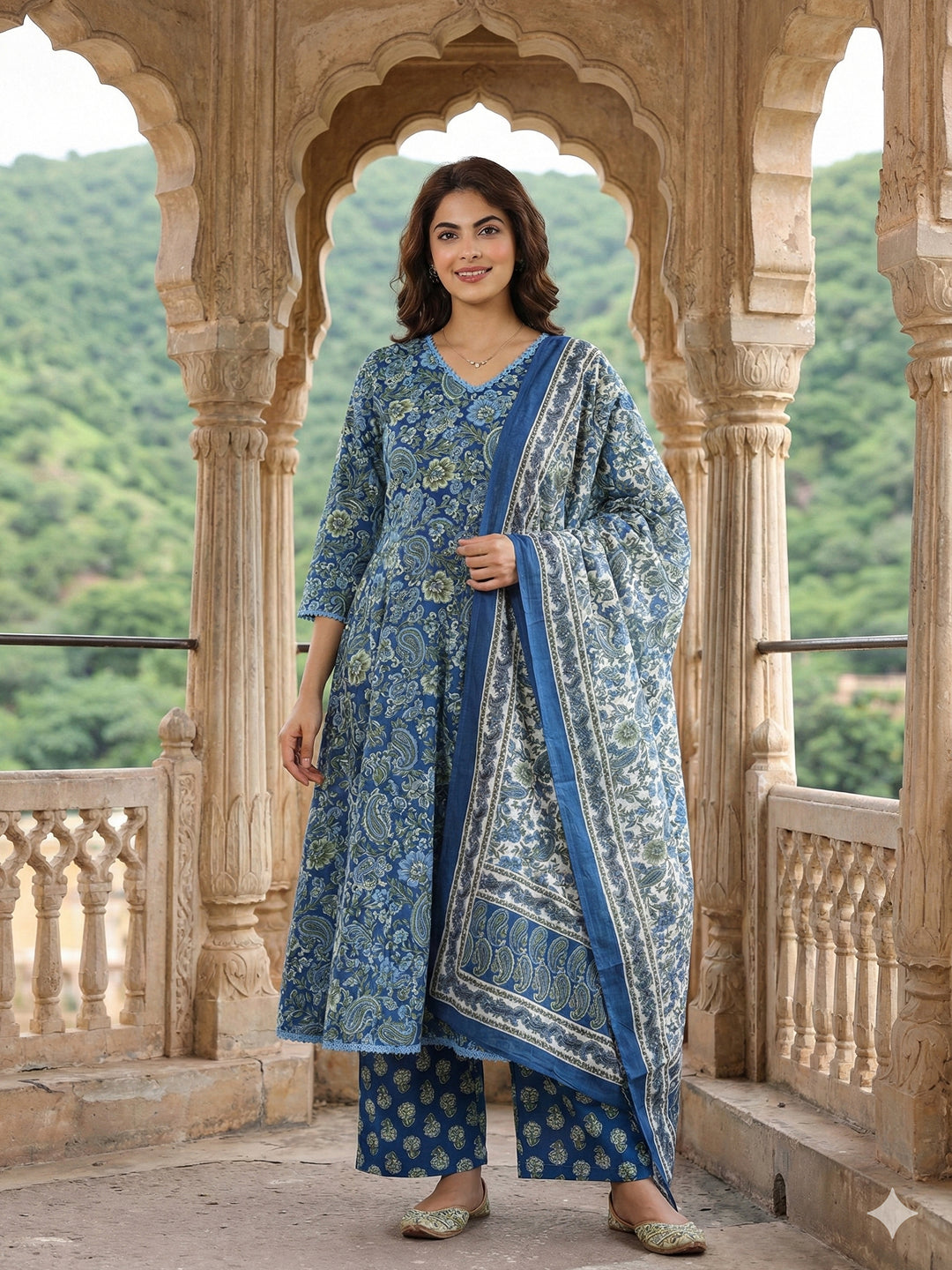 Jaitpuriya Blue aND Green Pure Cotton A-line Regular Kurta Set