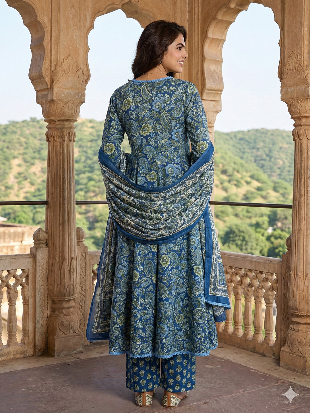 Jaitpuriya Blue aND Green Pure Cotton A-line Regular Kurta Set