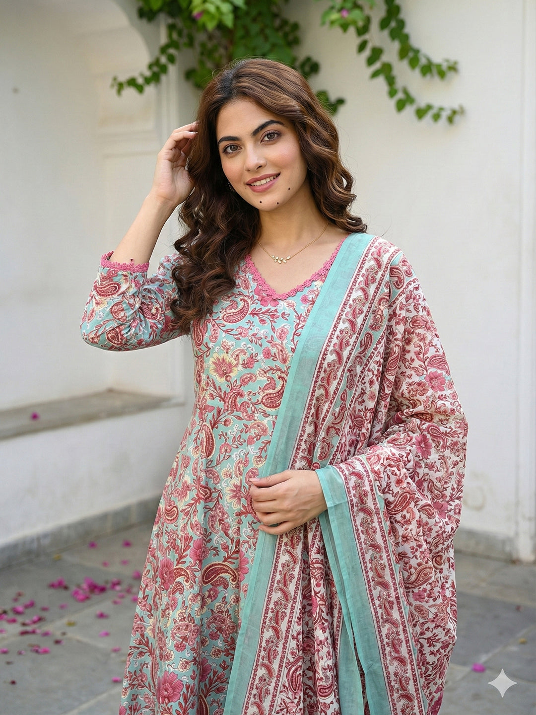 Jaitpuriya Teal Green aND Red Pure Cotton A-line Regular Kurta Set