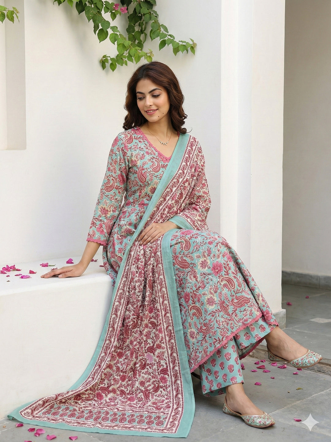 Jaitpuriya Teal Green aND Red Pure Cotton A-line Regular Kurta Set