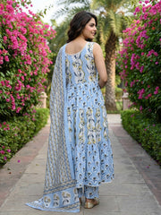 Jaitpuriya Sky Blue And Cream Pure Cotton Anarkali Gathered or Pleated Kurta Set