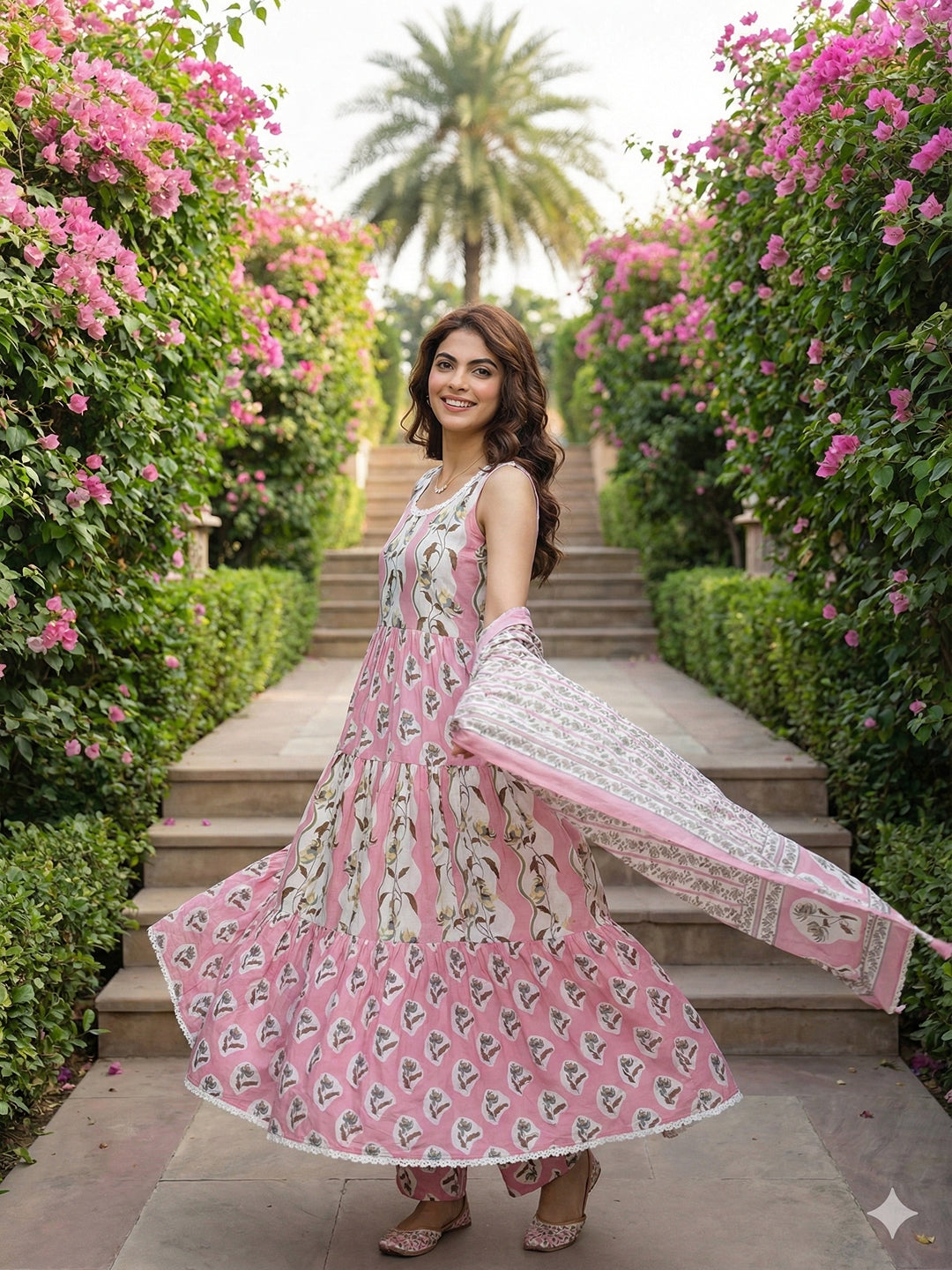 Jaitpuriya mauve And Cream Pure Cotton Anarkali Gathered or Pleated Kurta Set