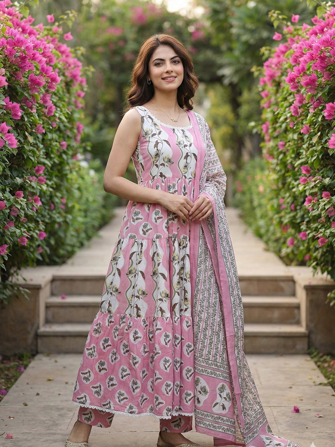 Jaitpuriya mauve And Cream Pure Cotton Anarkali Gathered or Pleated Kurta Set