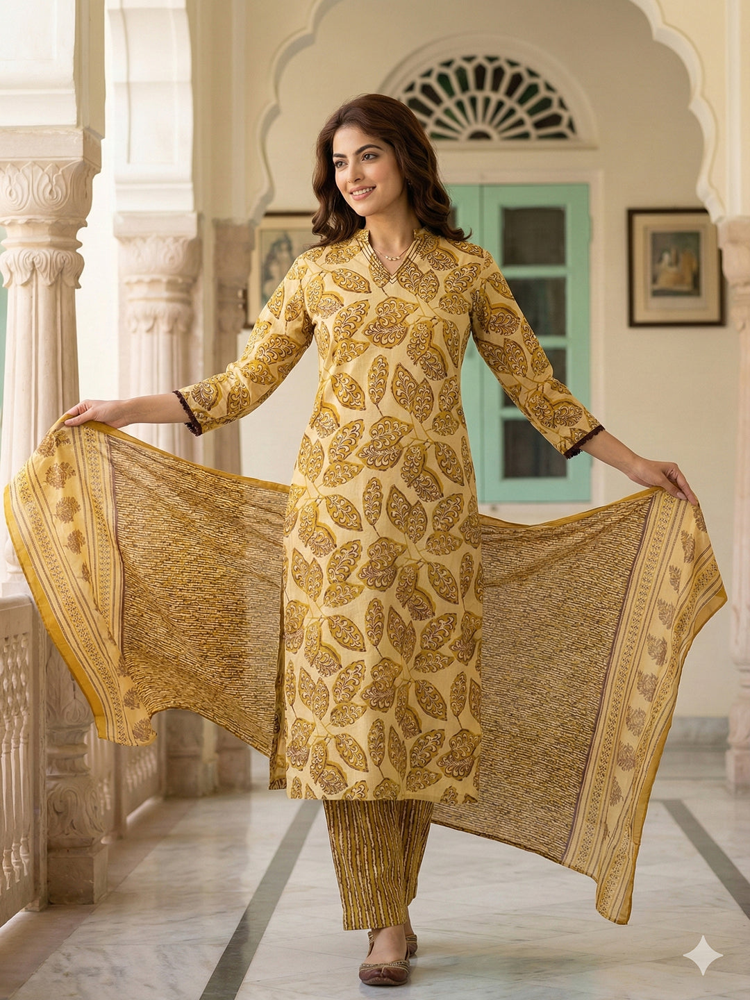 Jaitpuriya Mustard Pure Cotton Straight Regular Kurta Set