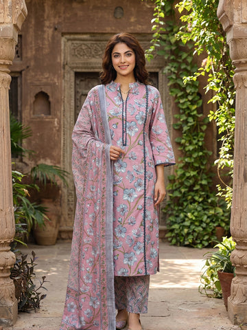 Jaitpuriya Mauve And Grey Pure Cotton Straight Regular Kurta Set