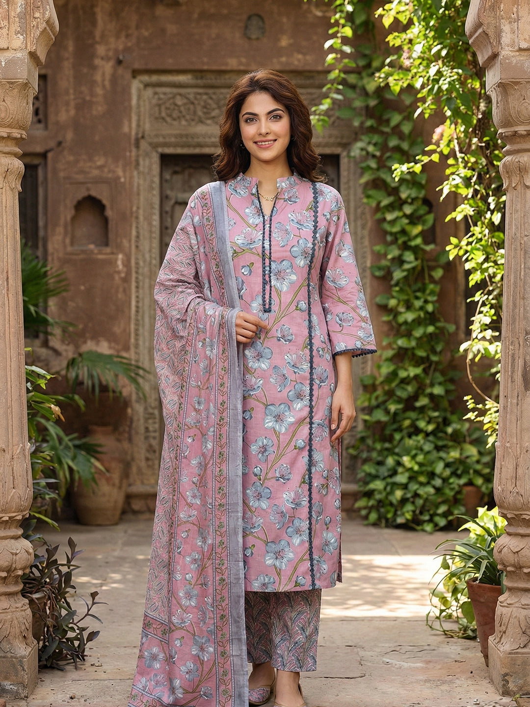Jaitpuriya Mauve And Grey Pure Cotton Straight Regular Kurta Set
