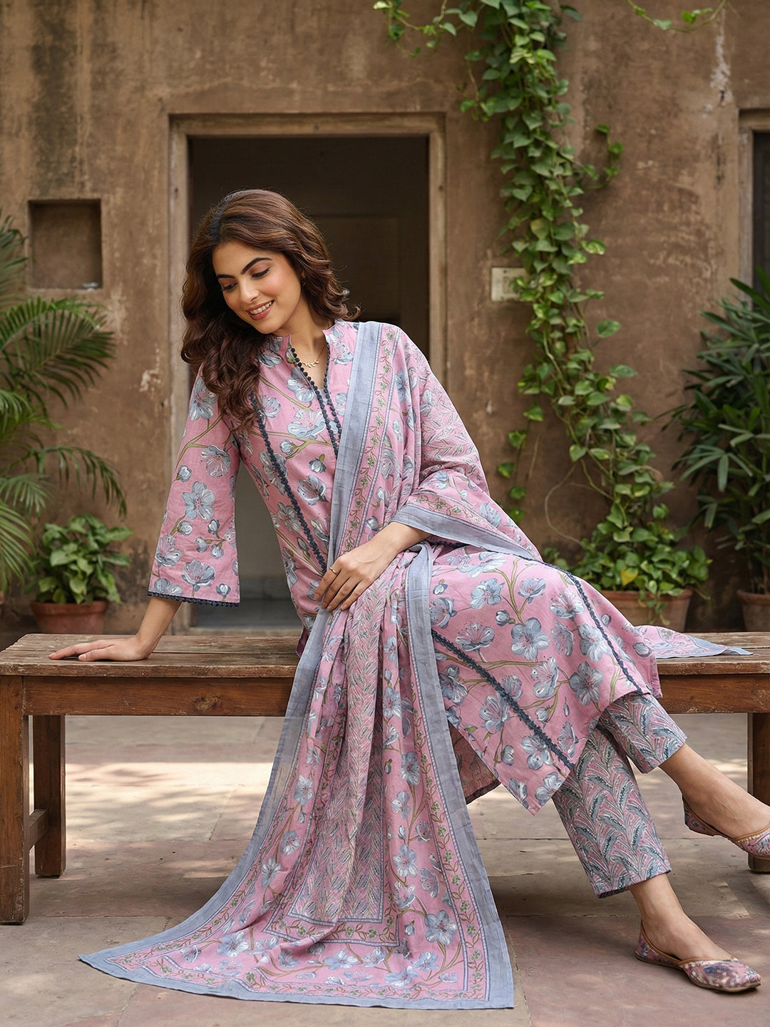 Jaitpuriya Mauve And Grey Pure Cotton Straight Regular Kurta Set