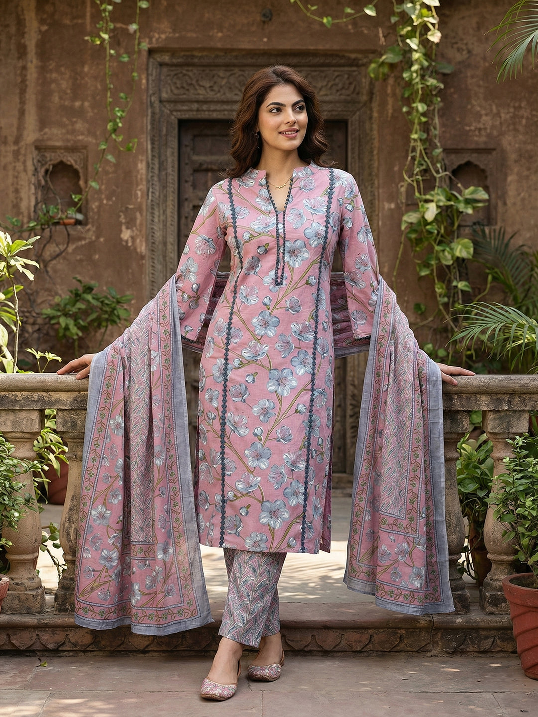 Jaitpuriya Mauve And Grey Pure Cotton Straight Regular Kurta Set
