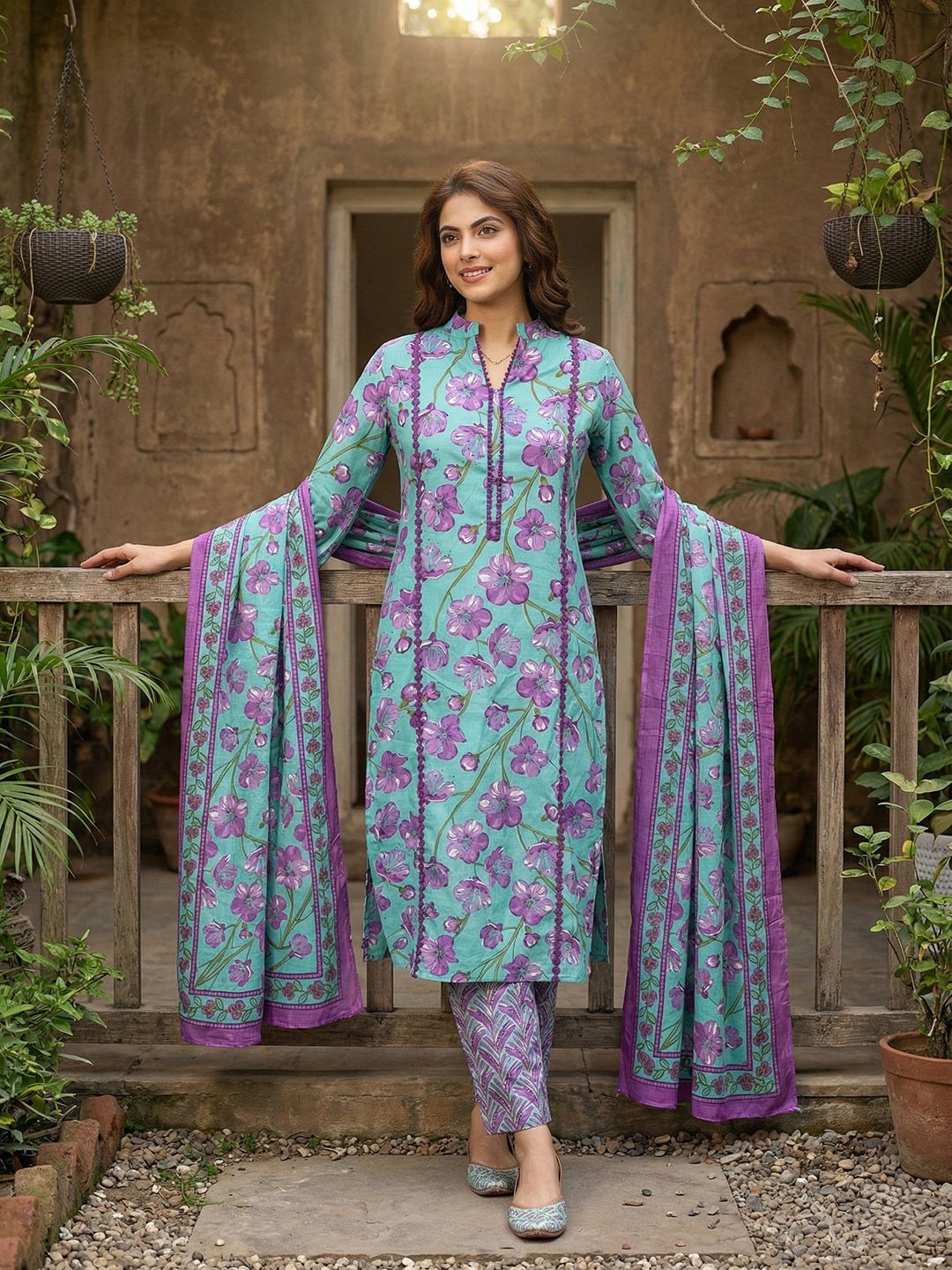 Jaitpuriya turquesa And Purple Pure Cotton Straight Regular Kurta Set