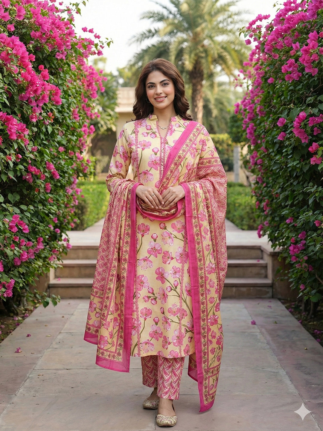 Jaitpuriya Lima yellow And Pink Pure Cotton Straight Regular Kurta Set