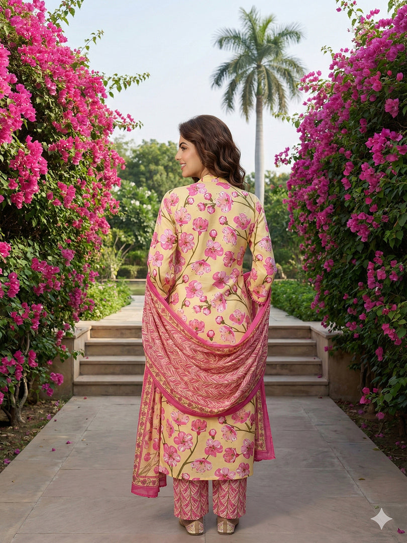 Jaitpuriya Lima yellow And Pink Pure Cotton Straight Regular Kurta Set