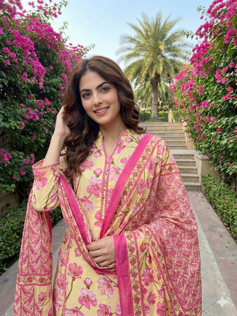 Jaitpuriya Lima yellow And Pink Pure Cotton Straight Regular Kurta Set