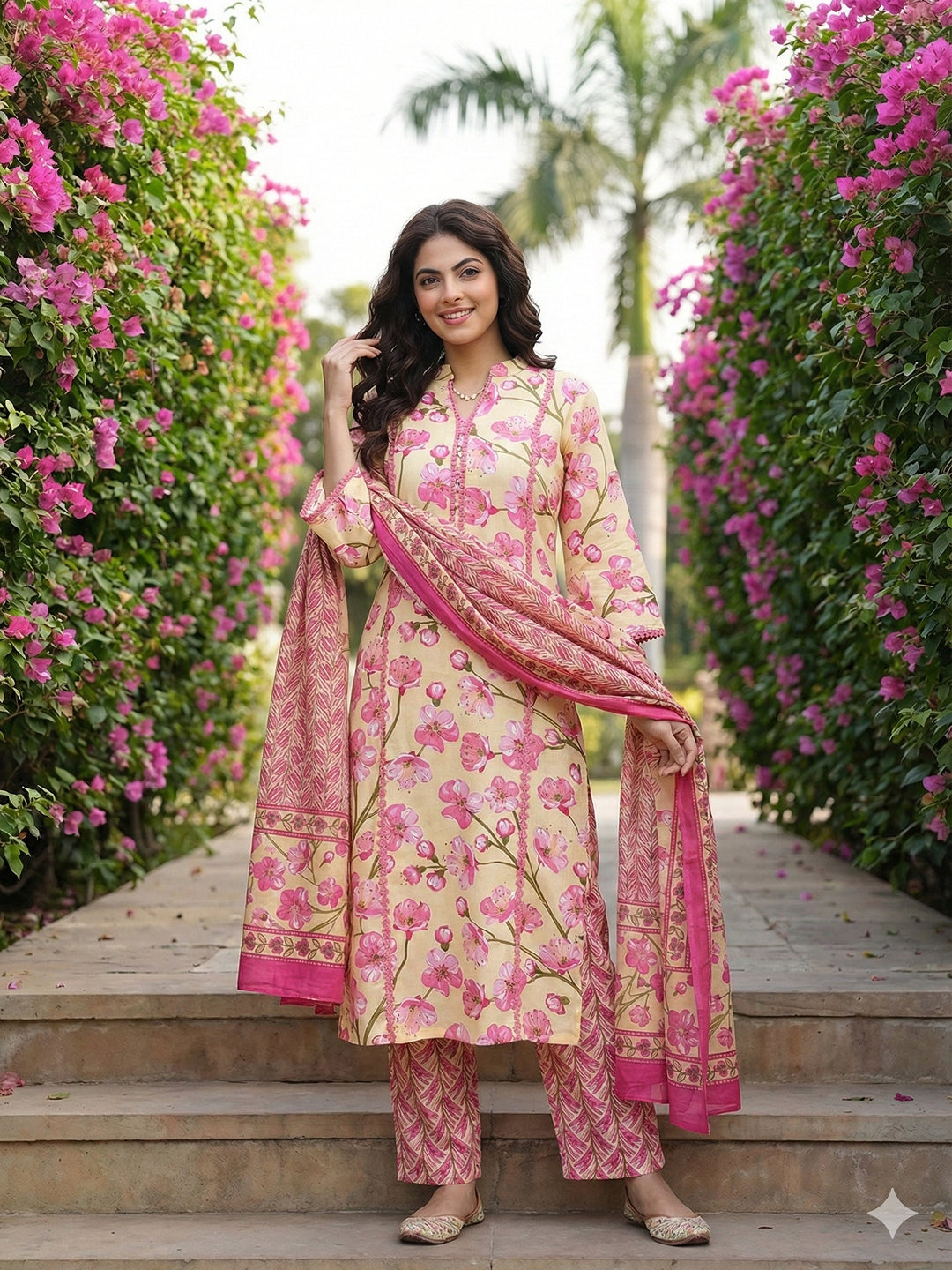 Jaitpuriya Lima yellow And Pink Pure Cotton Straight Regular Kurta Set