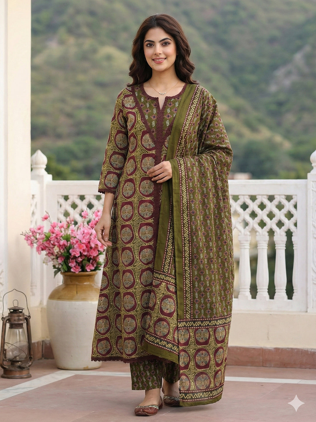 Jaitpuriya Green And Brown Pure Cotton A-line Regular Kurta Set