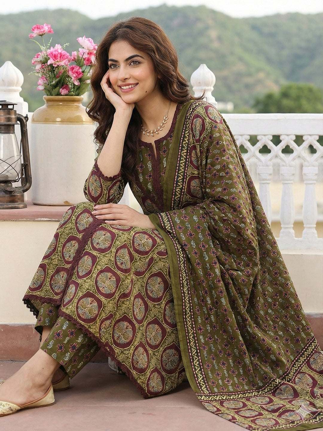 Jaitpuriya Green And Brown Pure Cotton A-line Regular Kurta Set