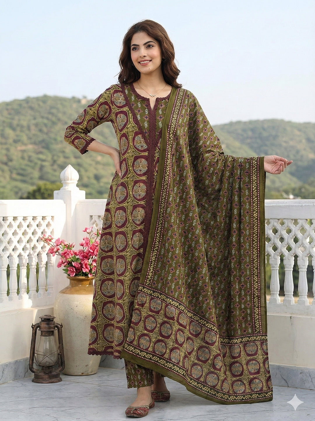 Jaitpuriya Green And Brown Pure Cotton A-line Regular Kurta Set