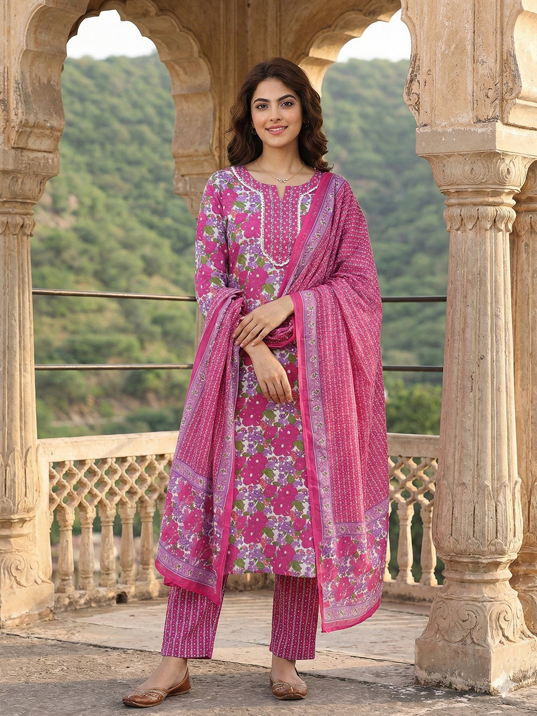 Jaitpuriya Pink And White Pure Cotton Straight Regular Kurta Set