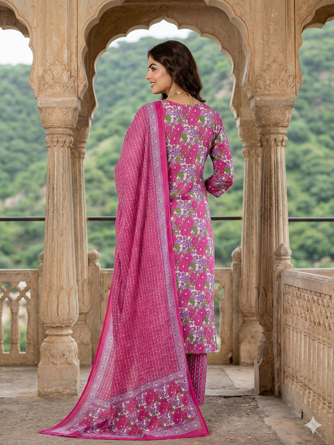 Jaitpuriya Pink And White Pure Cotton Straight Regular Kurta Set