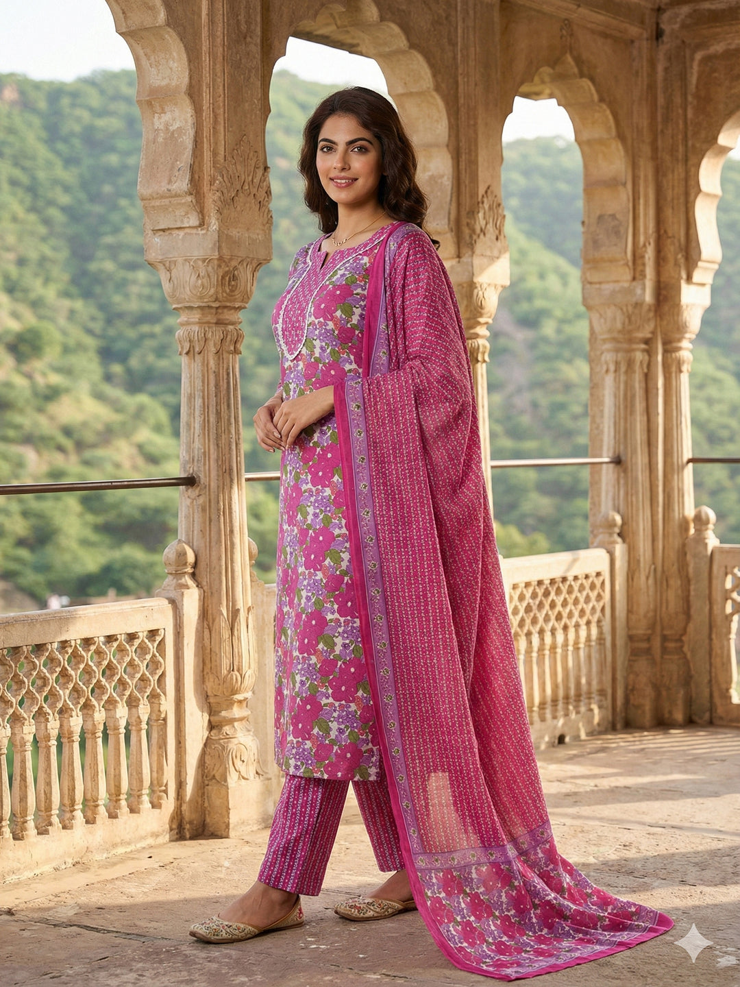 Jaitpuriya Pink And White Pure Cotton Straight Regular Kurta Set
