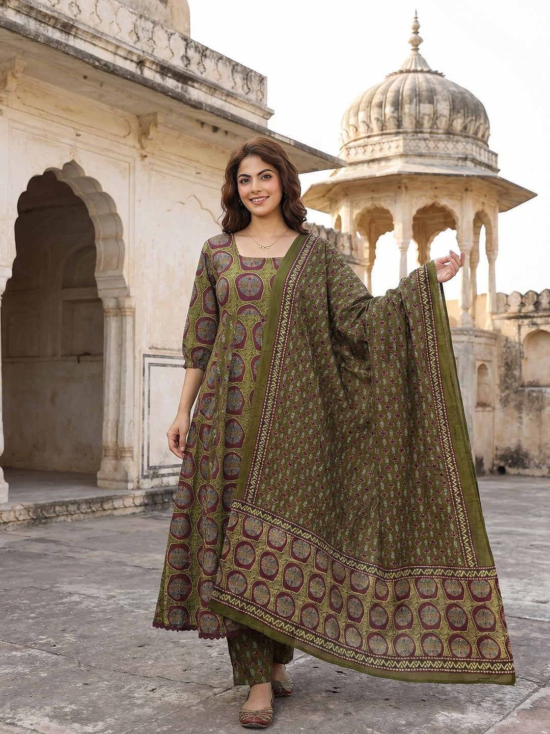 Jaitpuriya Green And Brown Pure Cotton Anarkali Regular Kurta Set