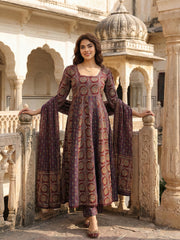Jaitpuriya Purple And Brown Pure Cotton Anarkali Regular Kurta Set