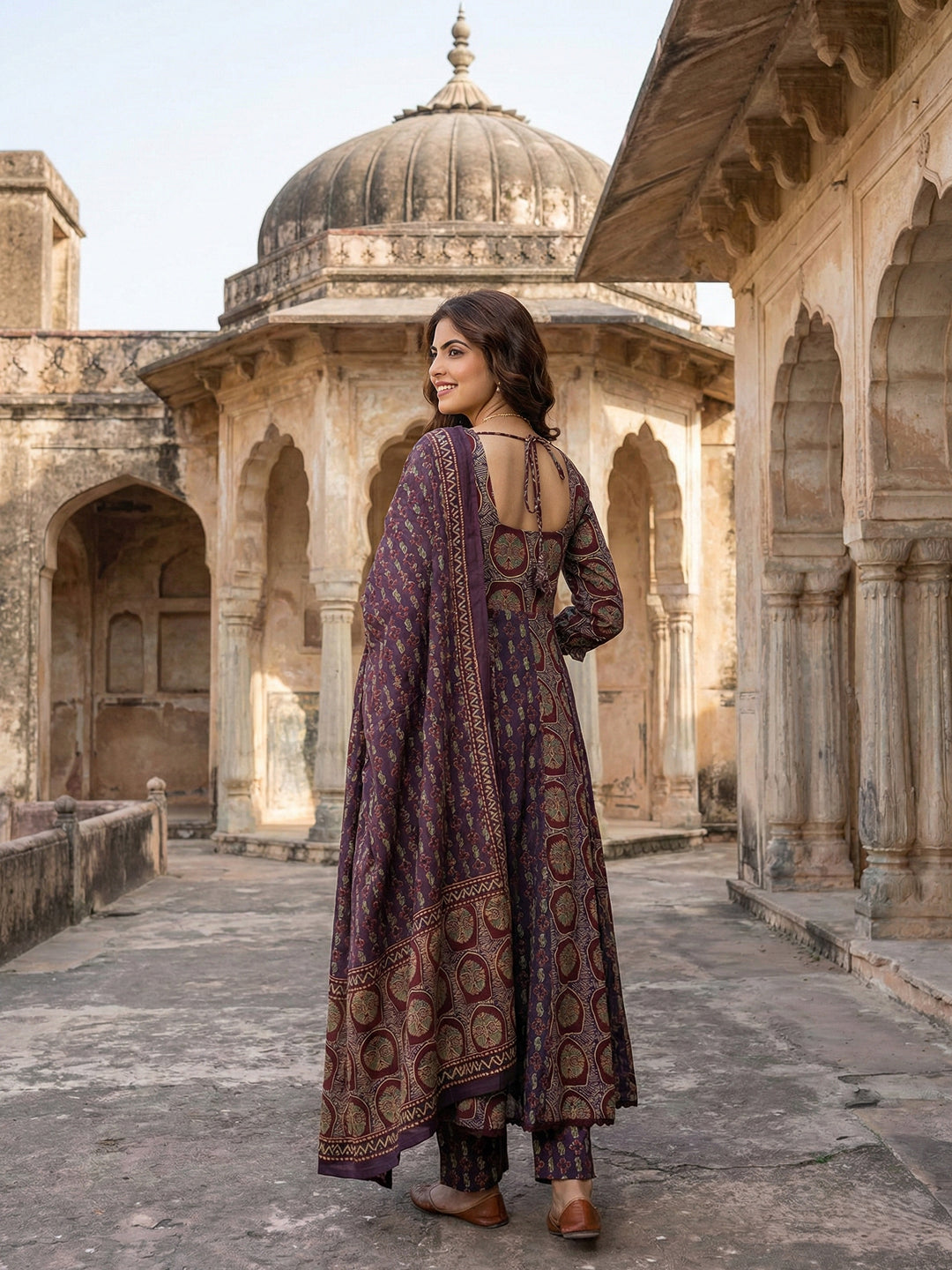 Jaitpuriya Purple And Brown Pure Cotton Anarkali Regular Kurta Set