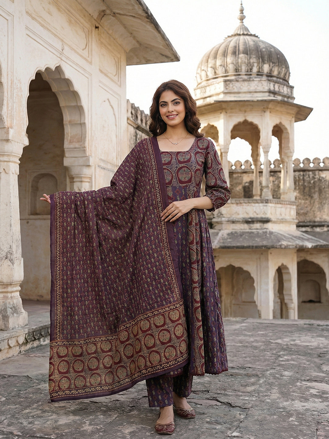 Jaitpuriya Purple And Brown Pure Cotton Anarkali Regular Kurta Set