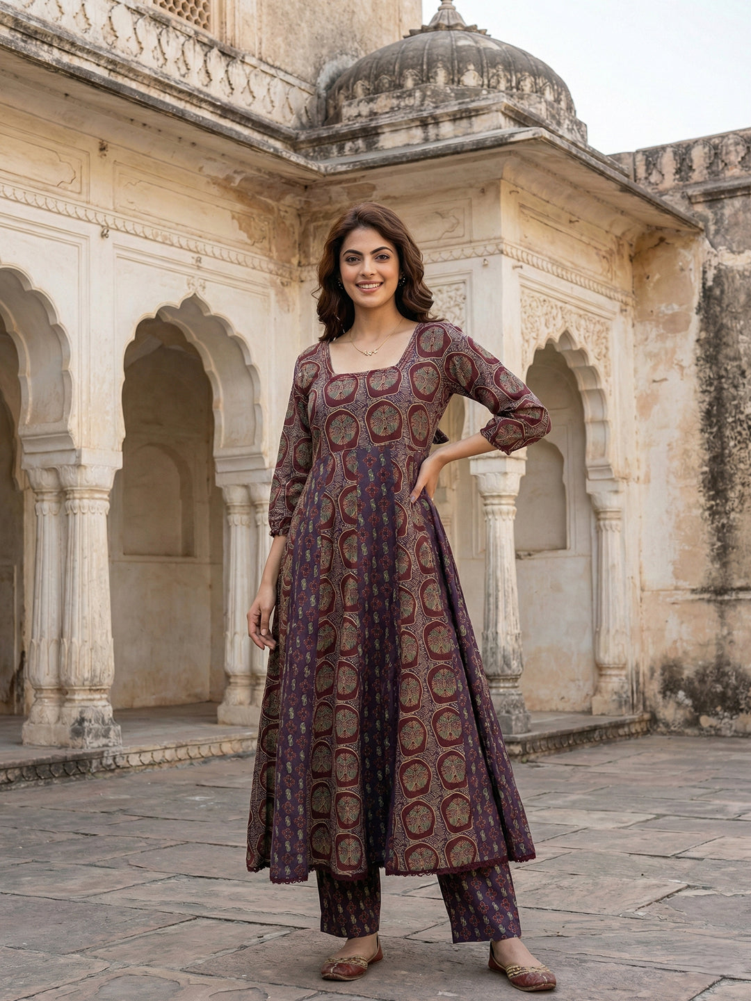 Jaitpuriya Purple And Brown Pure Cotton Anarkali Regular Kurta Set