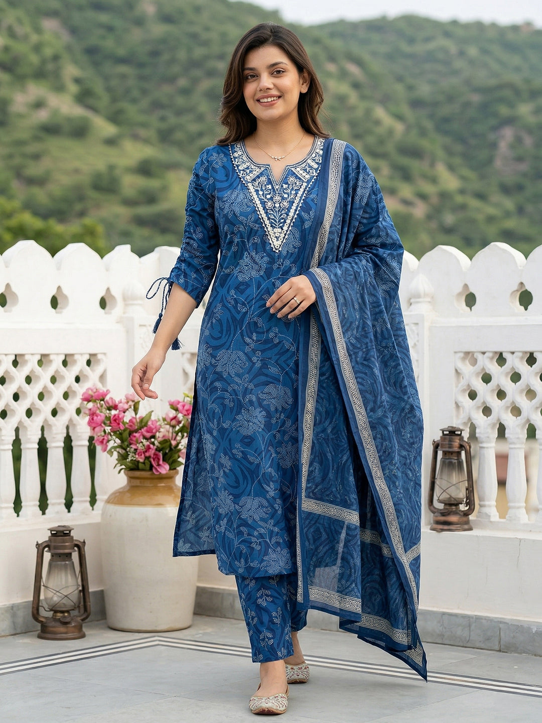 Jaitpuriya Blue Pure Cotton Straight Regular Kurta Set