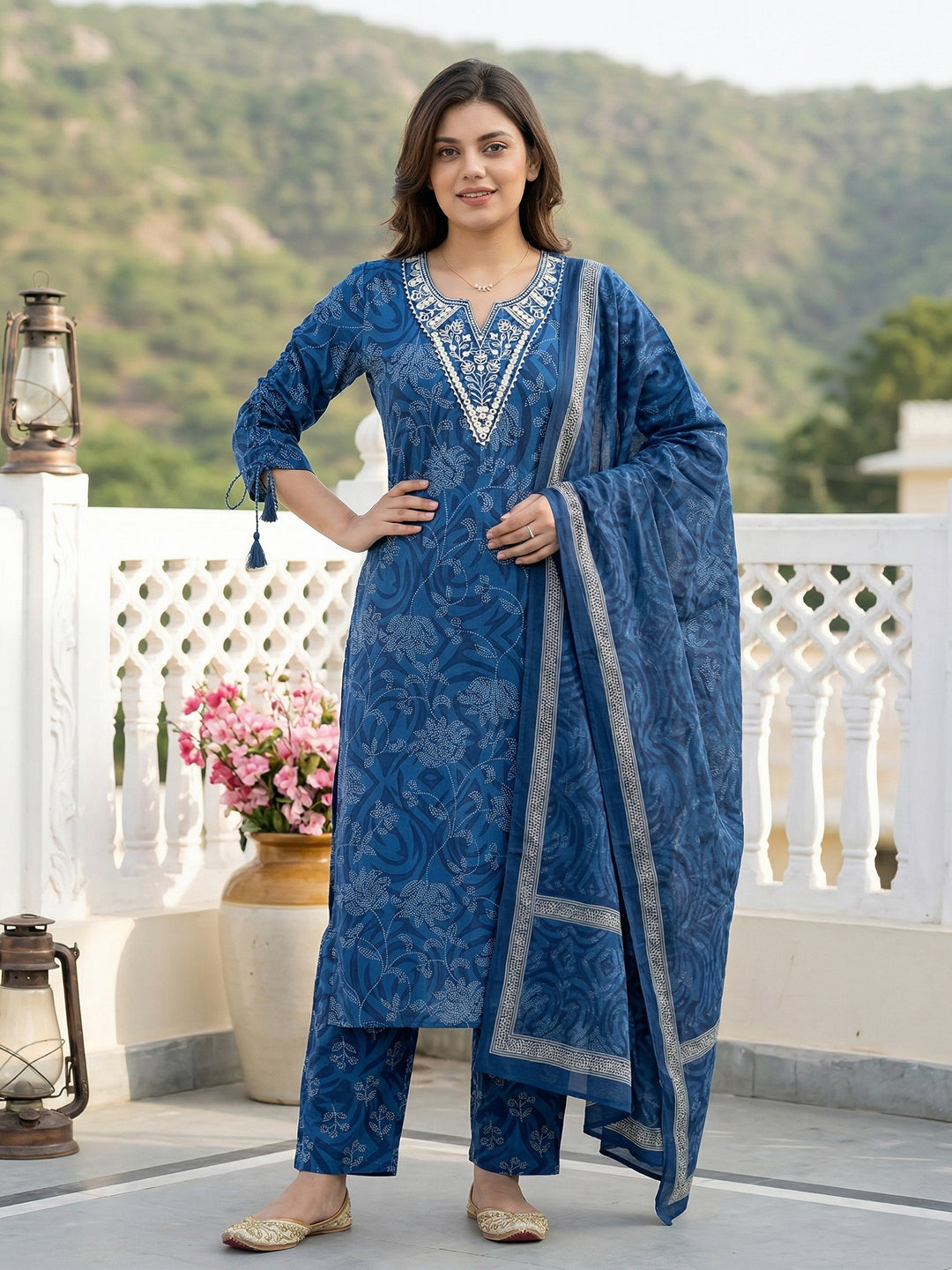 Jaitpuriya Blue Pure Cotton Straight Regular Kurta Set
