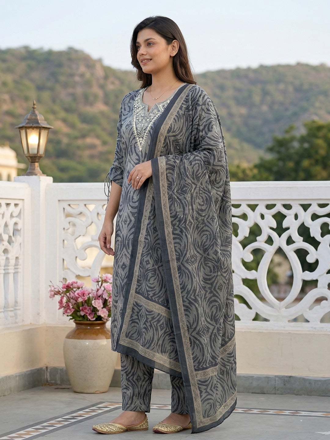 Jaitpuriya Grey Pure Cotton Straight Regular Kurta Set