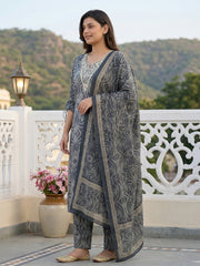 Jaitpuriya Grey Pure Cotton Straight Regular Kurta Set