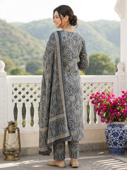 Jaitpuriya Grey Pure Cotton Straight Regular Kurta Set
