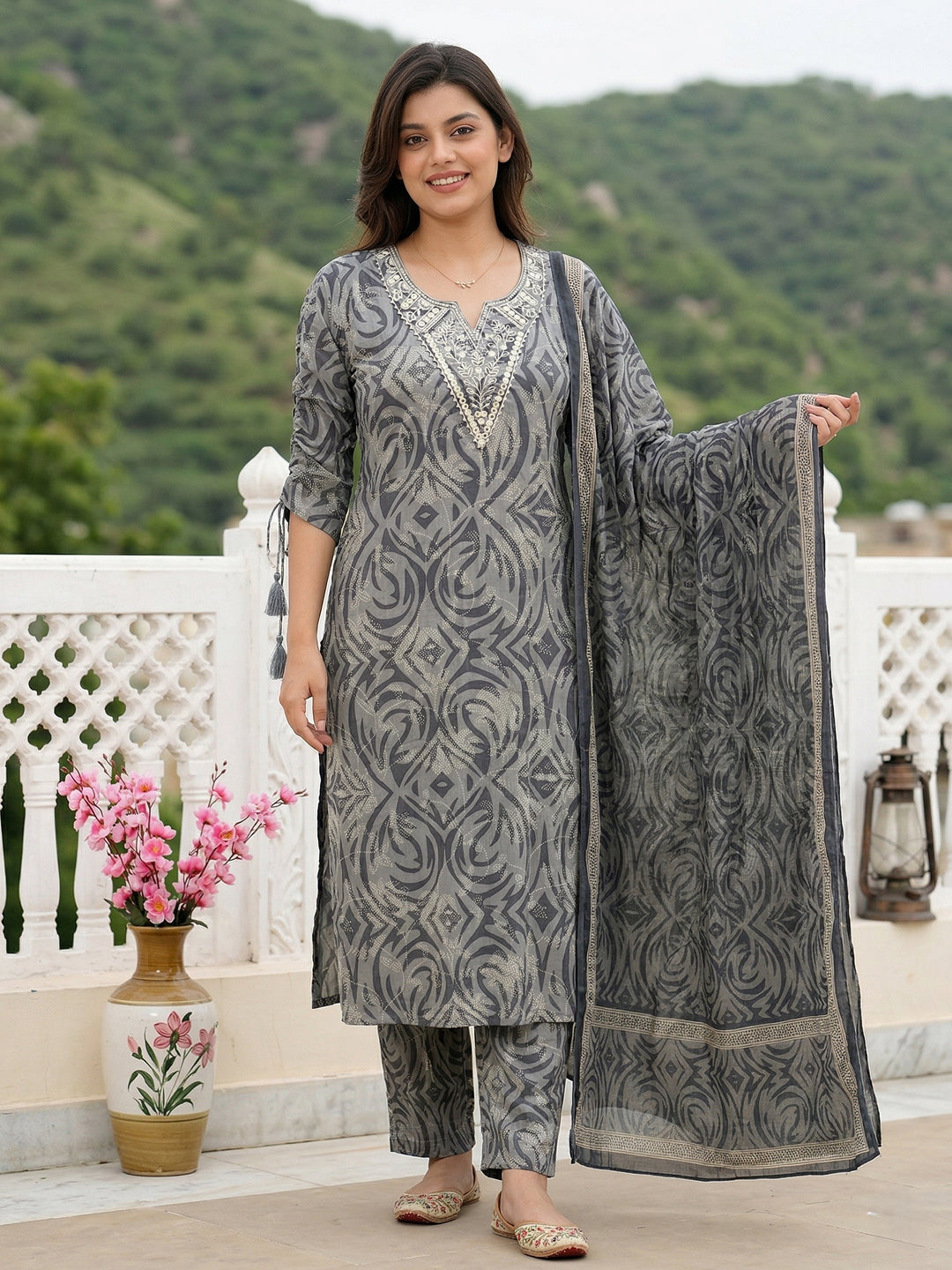 Jaitpuriya Grey Pure Cotton Straight Regular Kurta Set
