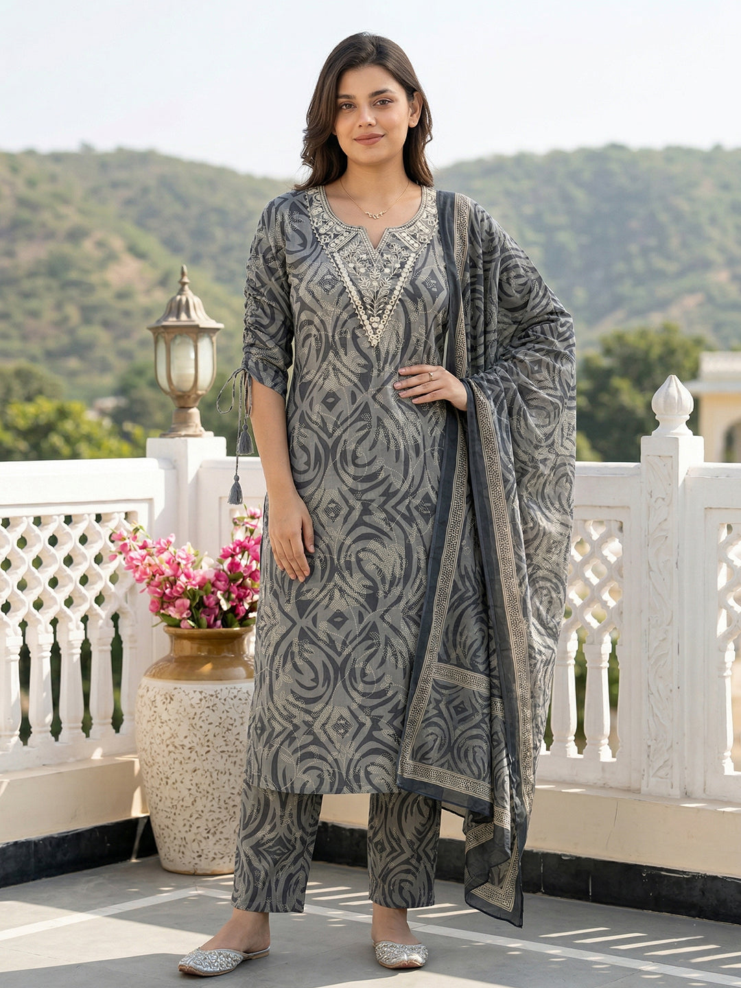 Jaitpuriya Grey Pure Cotton Straight Regular Kurta Set