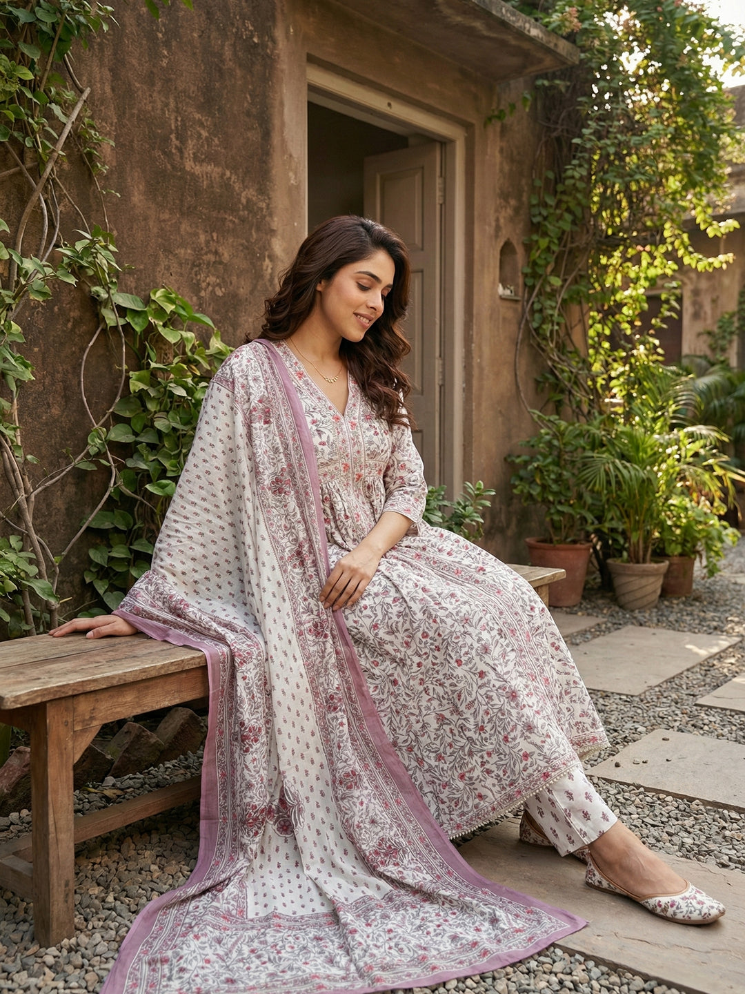 Jaitpuriya Purple And White Pure Cotton Anarkali Gathered or Pleated Kurta Set