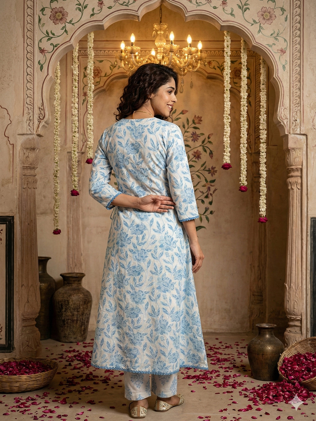 Jaitpuriya Blue And White Pure Cotton Anarkali Angrakha Kurta Set