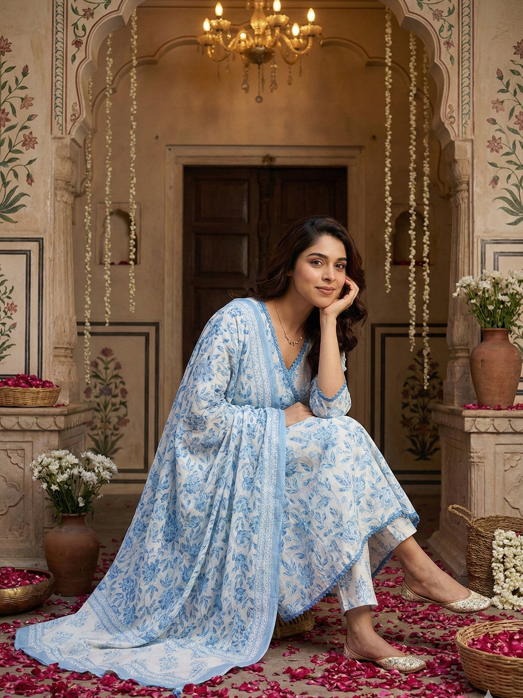 Jaitpuriya Blue And White Pure Cotton Anarkali Angrakha Kurta Set
