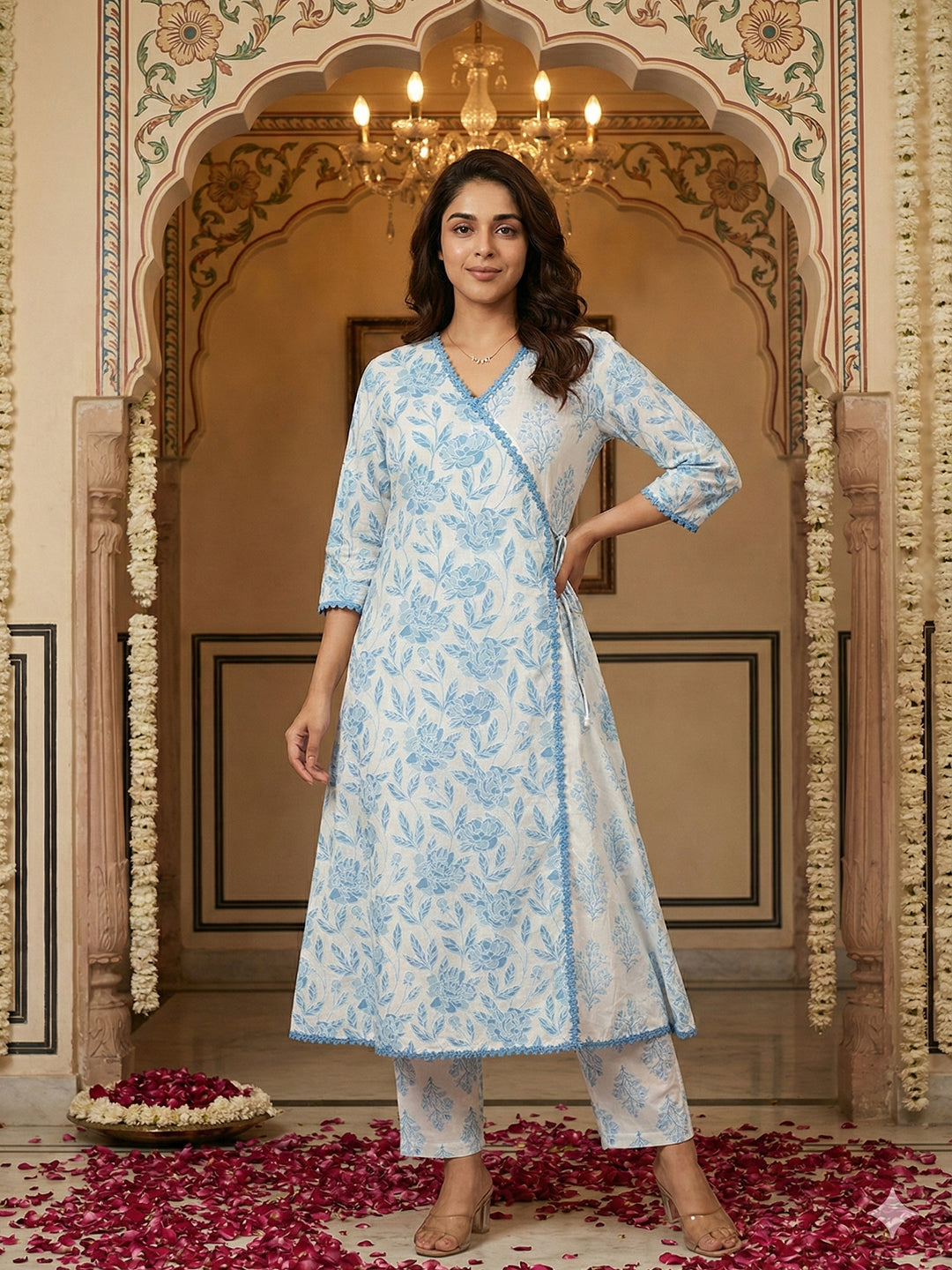 Jaitpuriya Blue And White Pure Cotton Anarkali Angrakha Kurta Set