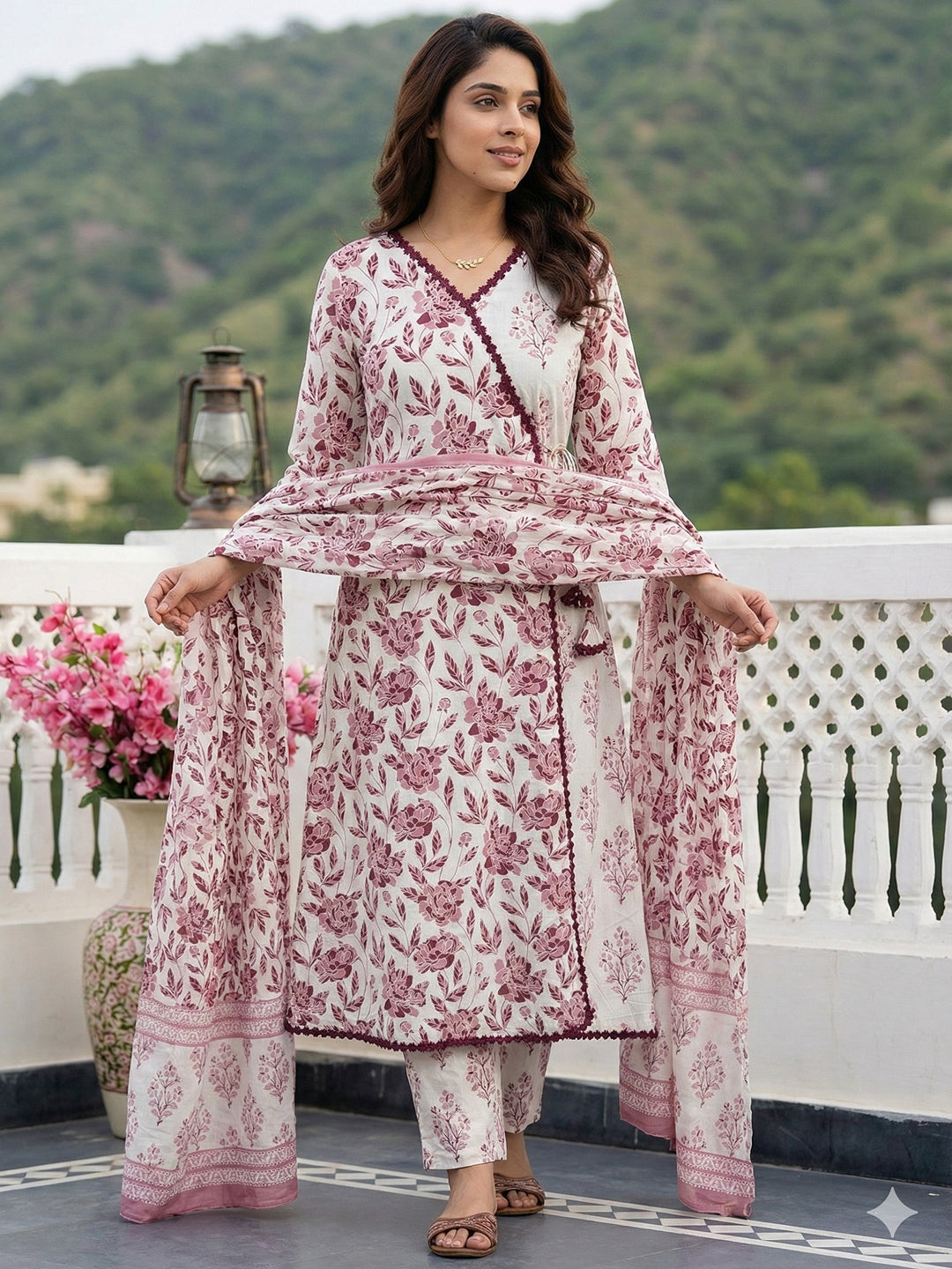 Jaitpuriya Brown And White Pure Cotton Anarkali Angrakha Kurta Set
