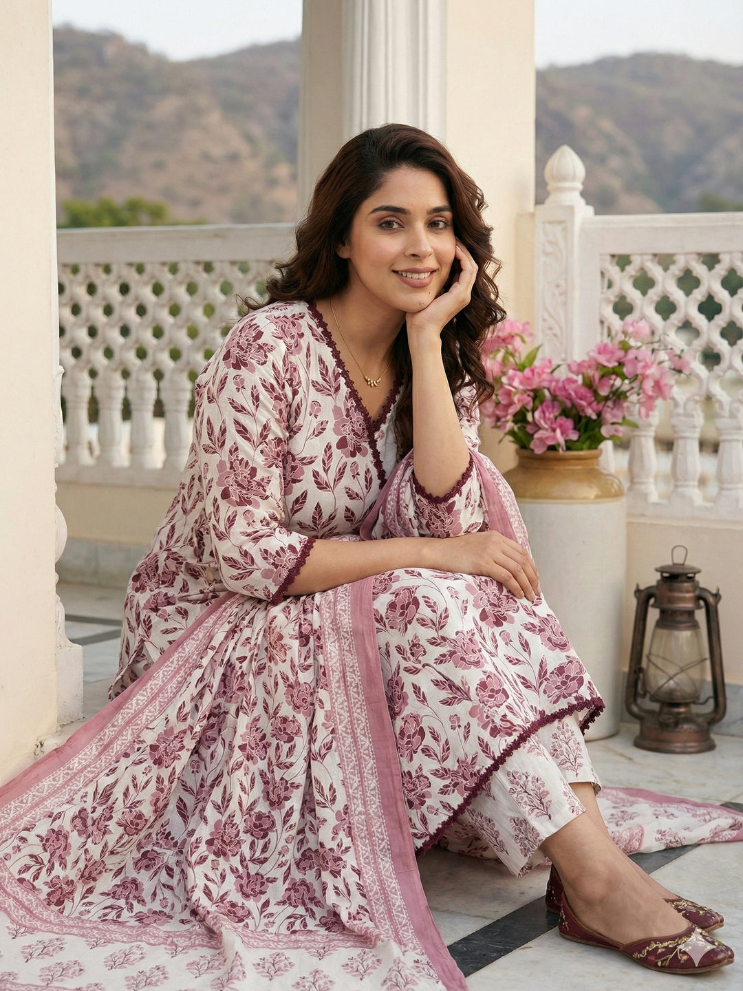 Jaitpuriya Brown And White Pure Cotton Anarkali Angrakha Kurta Set