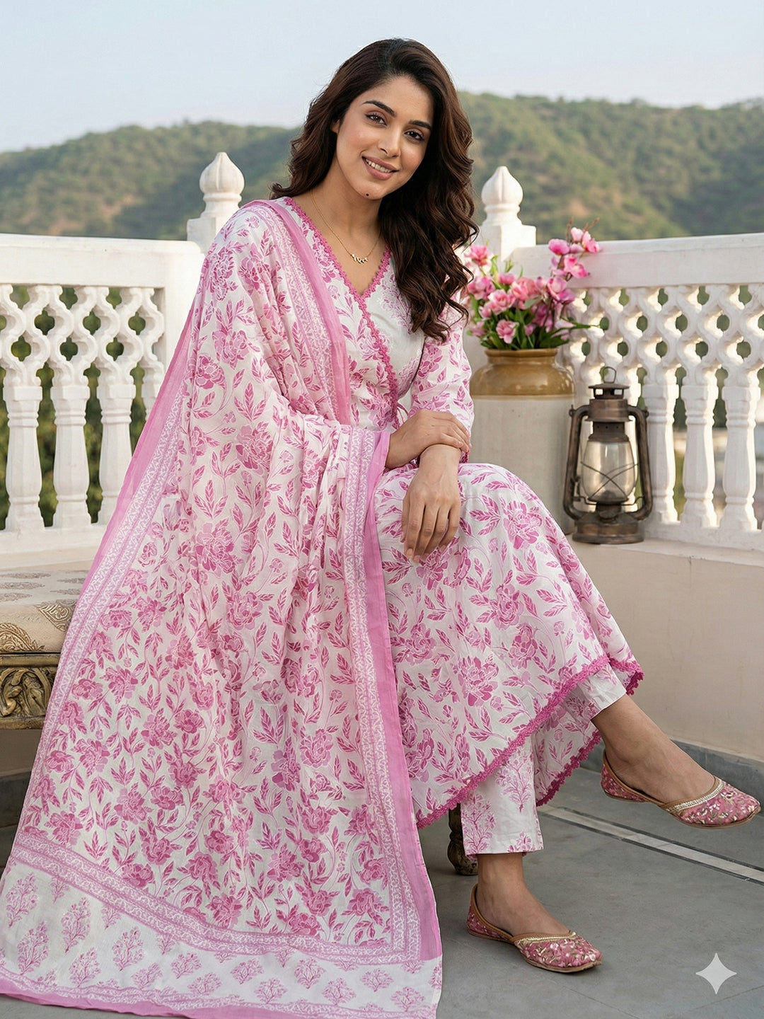 Jaitpuriya Pink And White Pure Cotton Anarkali Angrakha Kurta Set