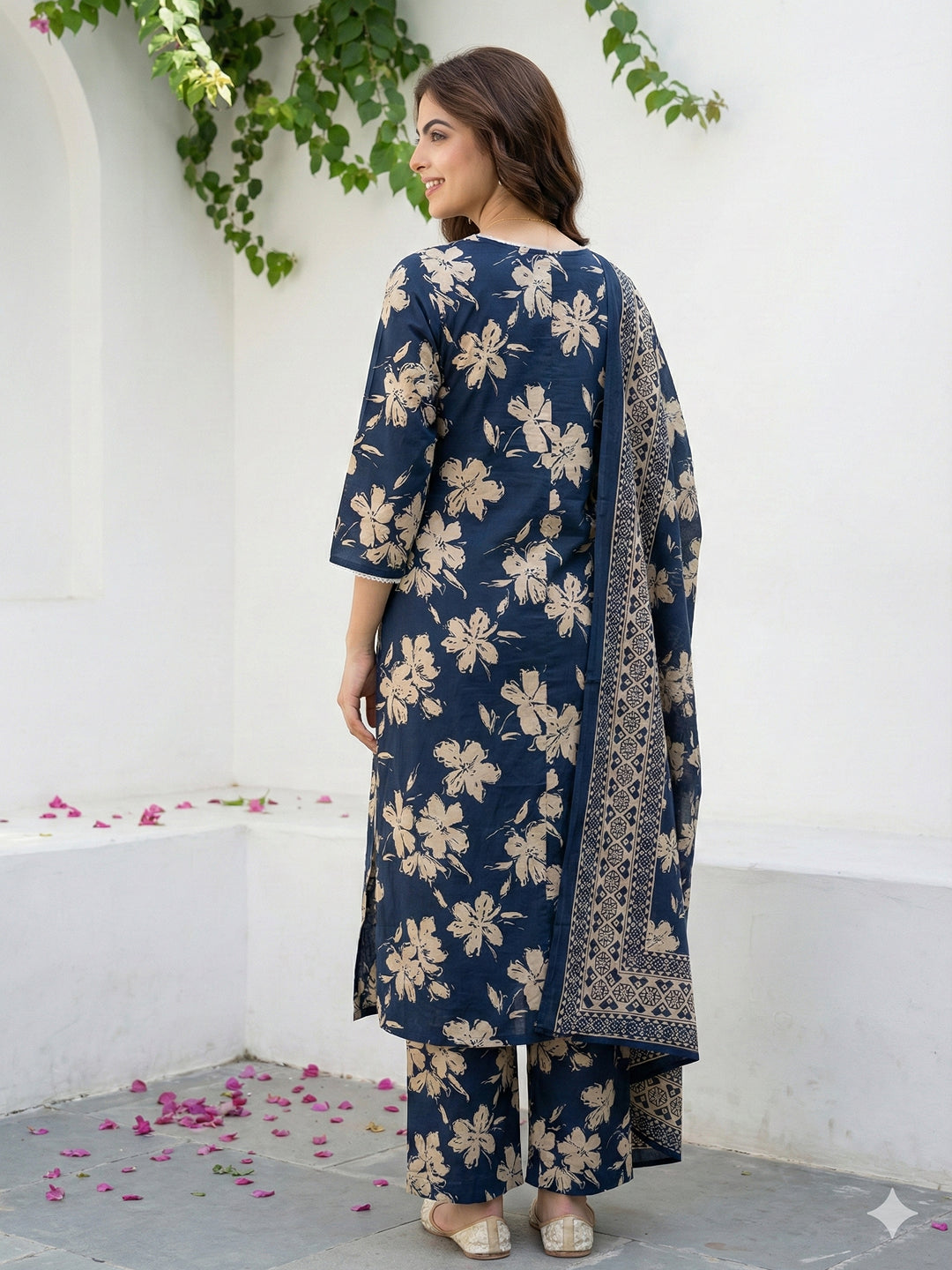 Jaitpuriya Blue And Beige Pure Cotton Straight Regular Kurta Set