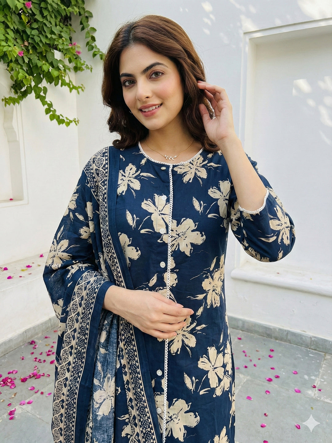 Jaitpuriya Blue And Beige Pure Cotton Straight Regular Kurta Set