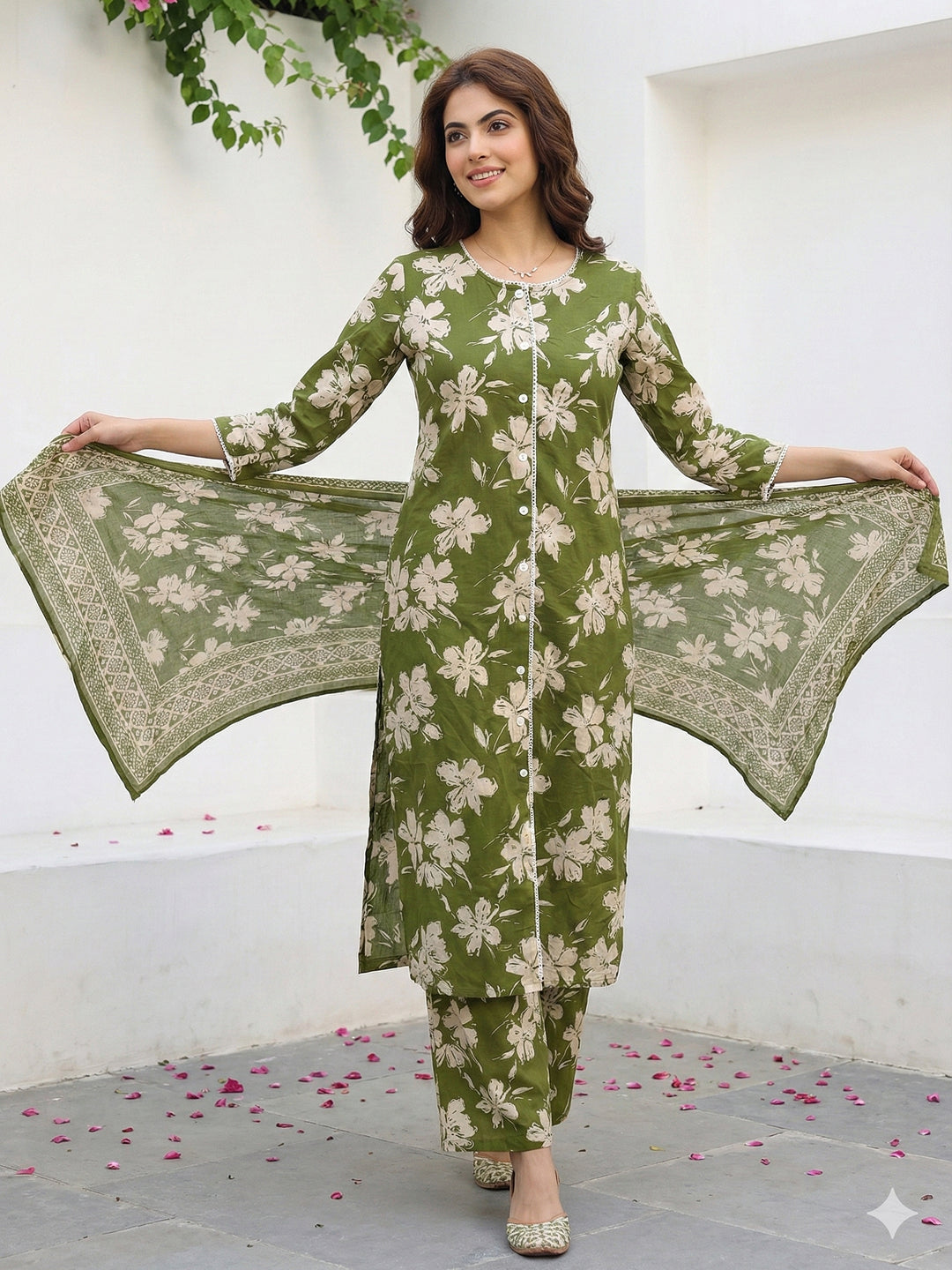 Jaitpuriya Olive Green And Beige Pure Cotton Straight Regular Kurta Set