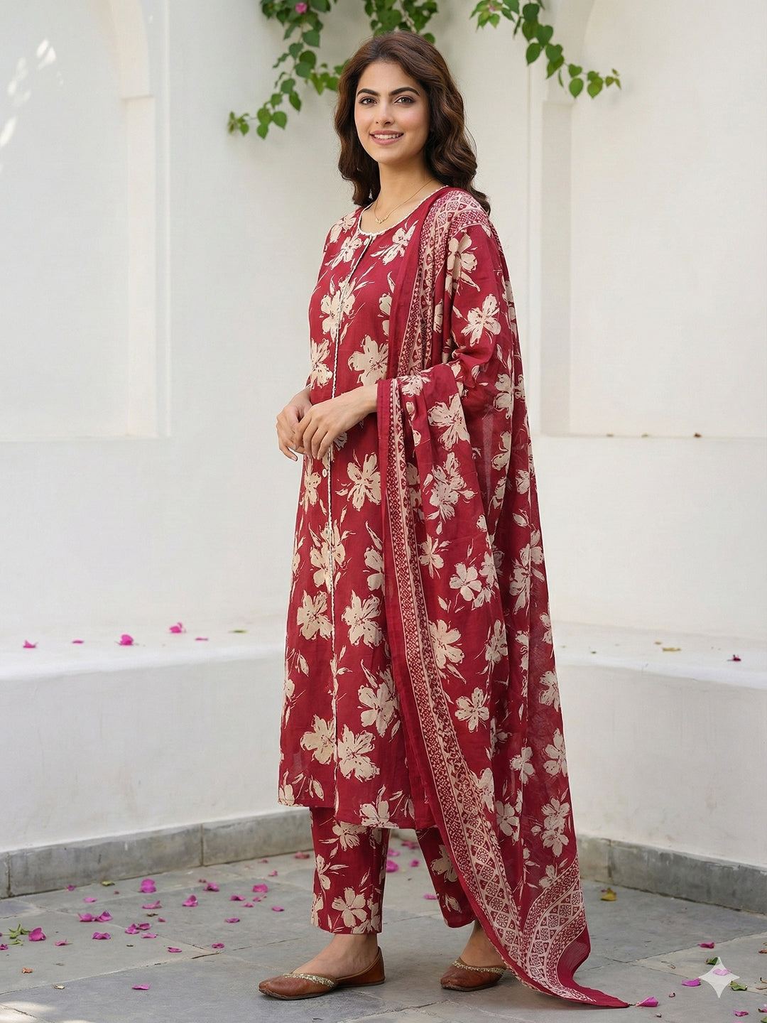 Jaitpuriya Red And Beige Pure Cotton Straight Regular Kurta Set