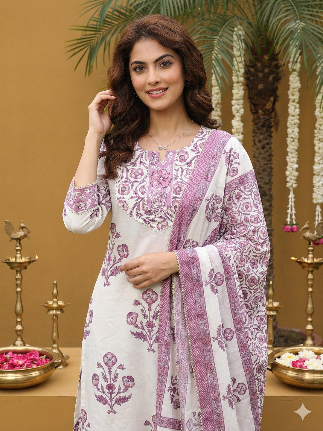 Jaitpuriya Purple And Off White Pure Cotton Straight Regular Kurta Set