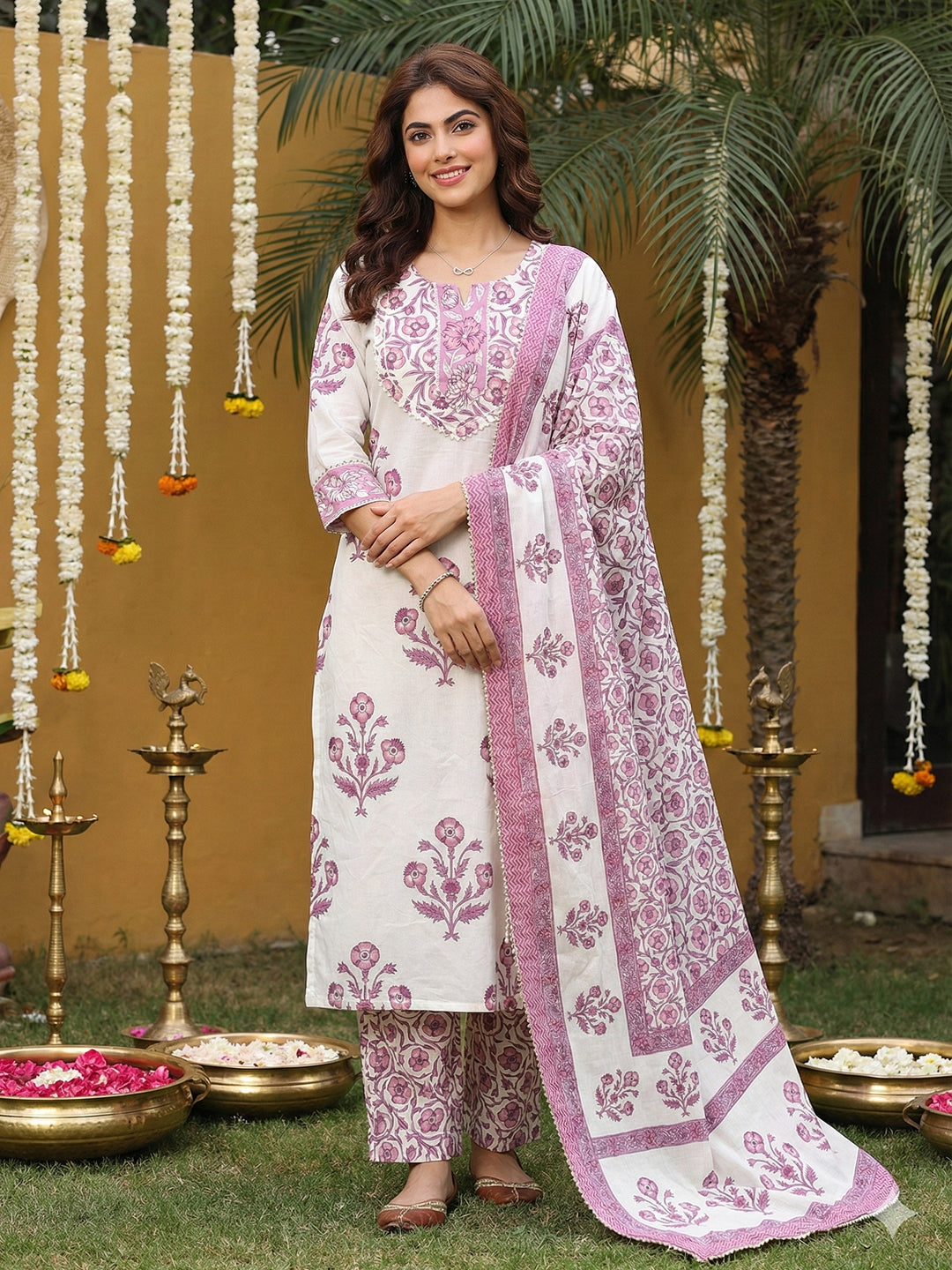 Jaitpuriya Purple And Off White Pure Cotton Straight Regular Kurta Set