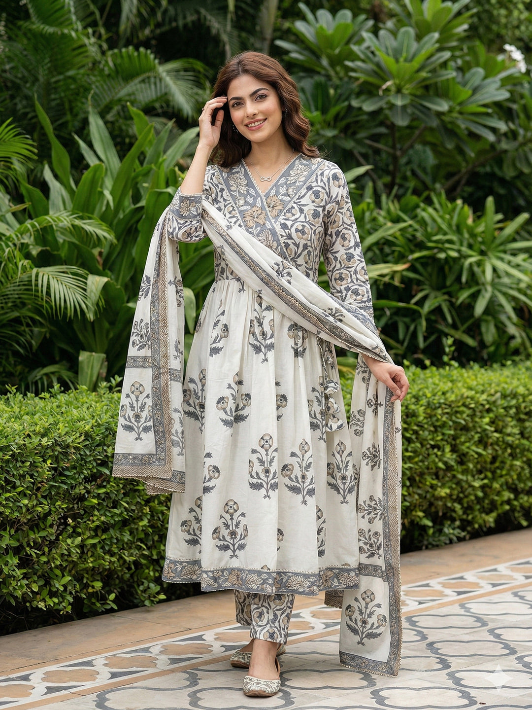 Jaitpuriya Grey And Off White Pure Cotton Anarkali Gathered or Pleated Kurta Set
